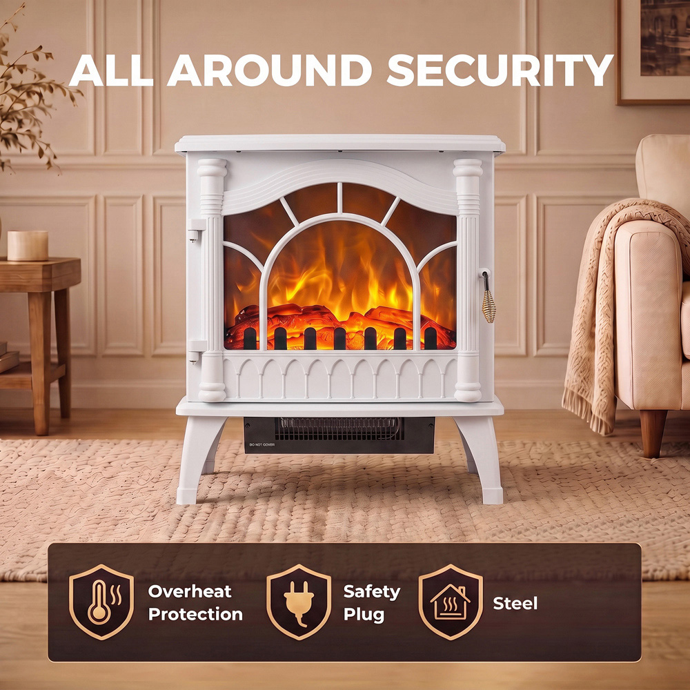 HOMCOM 3-Sided White Glass Electric Fire Fan Heater with Flame Effect Image 6