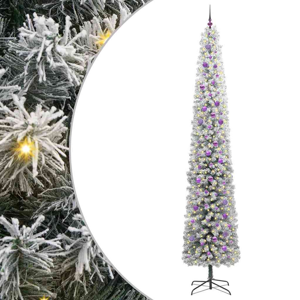 vidaXL 300 LED Pre-Lit Lilac Baubles Green Artificial Snow Flocked Christmas Tree 10ft Image 2