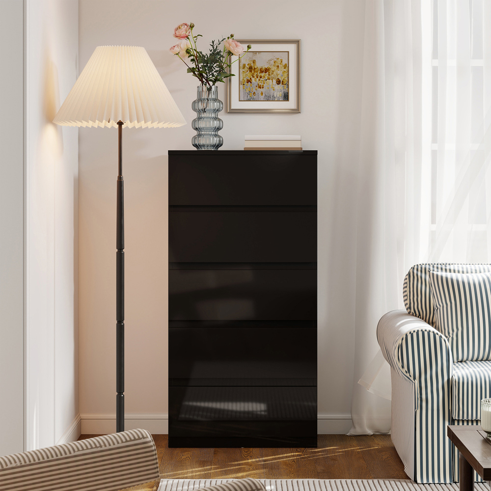 Portland 5 Drawer High Gloss Black Chest of Drawers Image 4