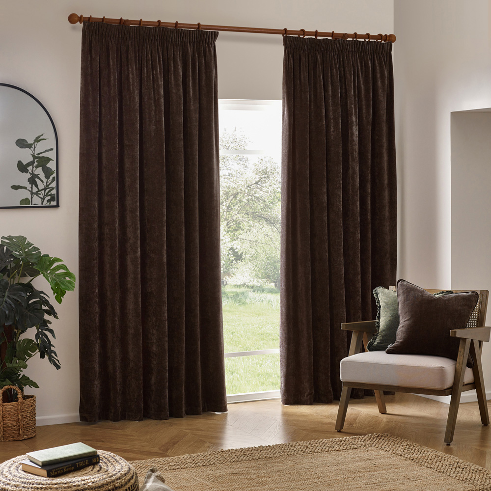 Yard Heavy Brown Chenille Velvet Pencil Pleat Curtains 168 x 229cm Image 5