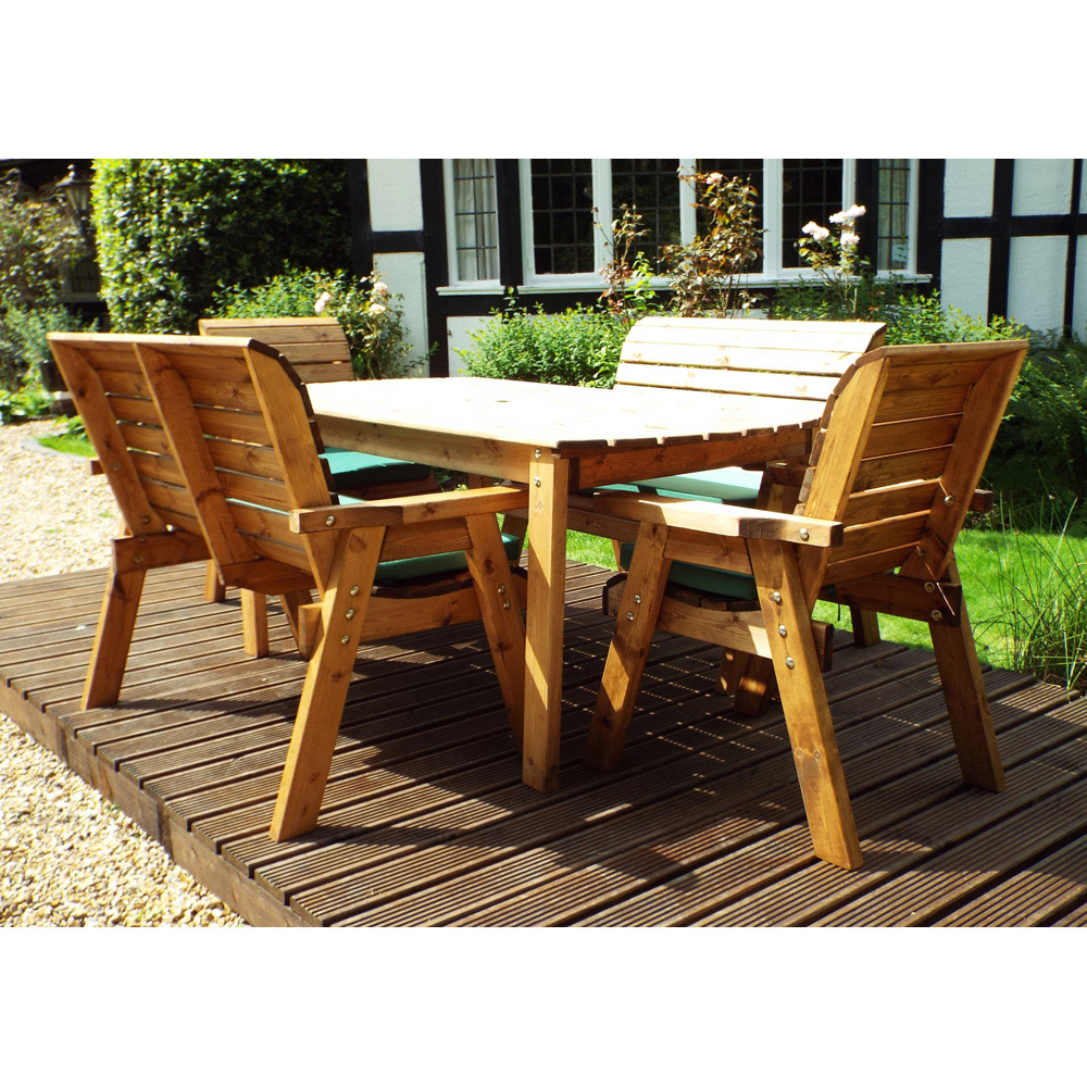 Charles Taylor Solid Wood 6 Seater Rectangular Outdoor Dining Bench Set with Green Cushions Image 3