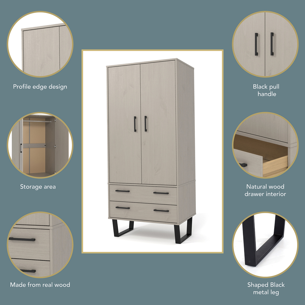 Core Products Texas 2 Door 2 Drawer Grey Waxed Pine Wardrobe Image 6