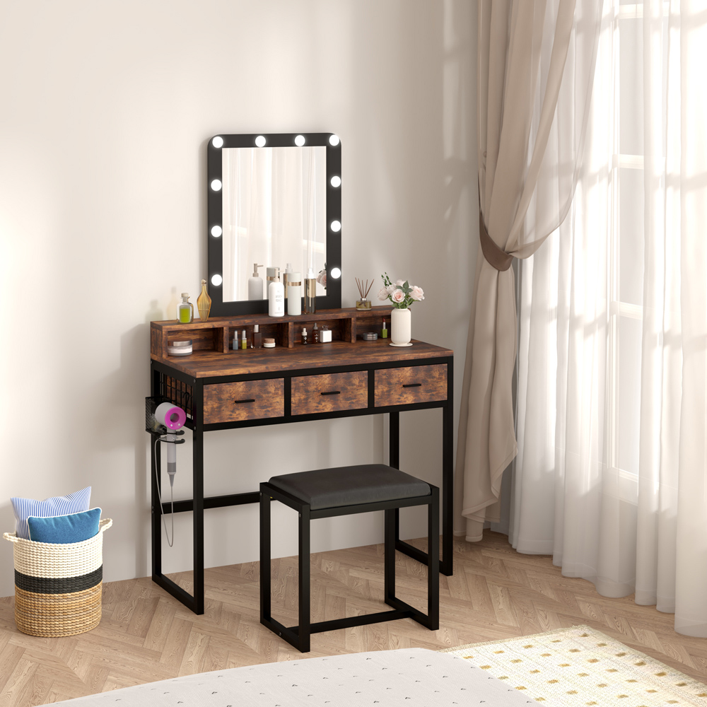 FurnitureHMD 3 Drawer 4 Shelf Rustic Industrial Style LED Light Makeup Vanity with Mirror Image 9