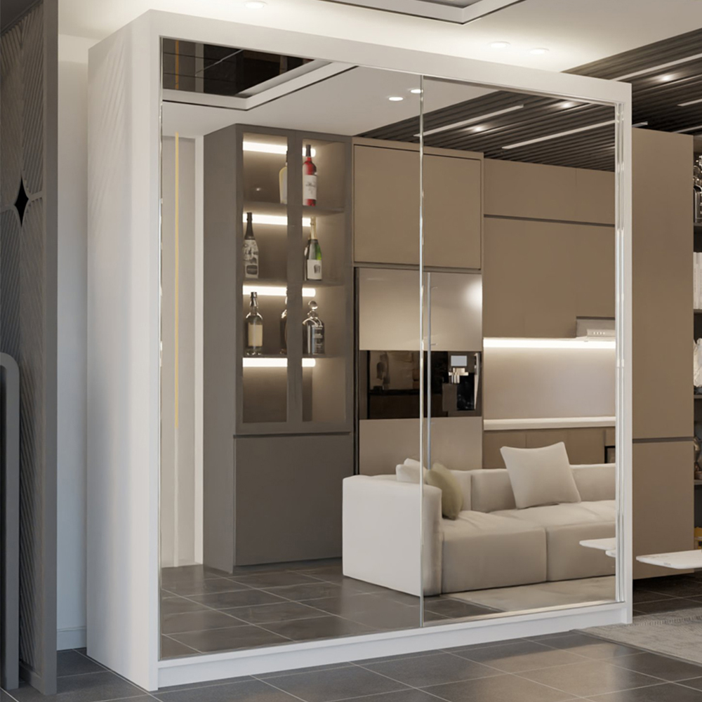 M N Furniture 2 Door White Mirrored Sliding Wardrobe 200cm Image 1