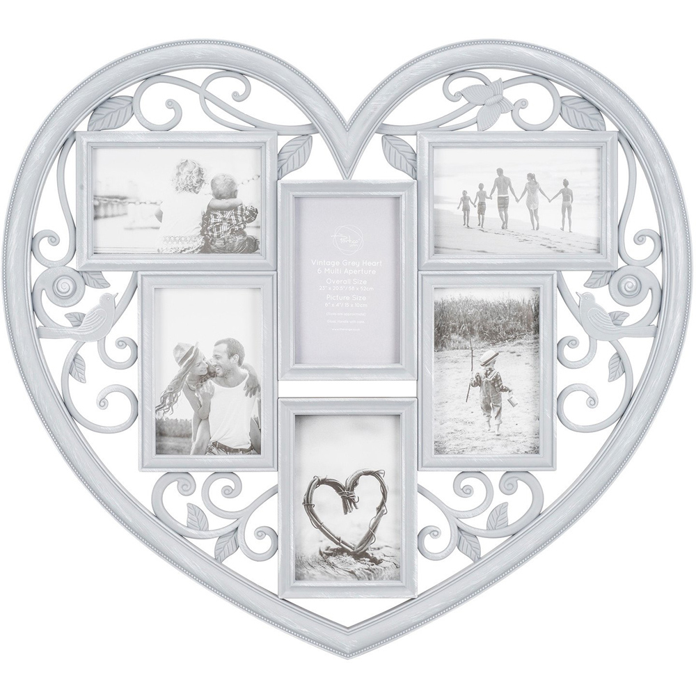 The Port. Co Gallery Grey Vintage Heart 6 Multi Aperture Photo Frame Image