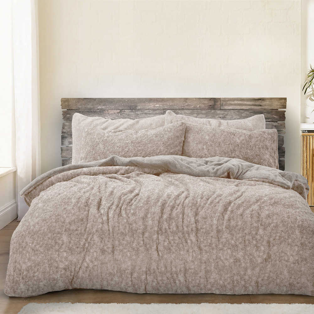 Velosso Super King Size Natural Marl-Effect Teddy Fleece Duvet Cover Set Image 1