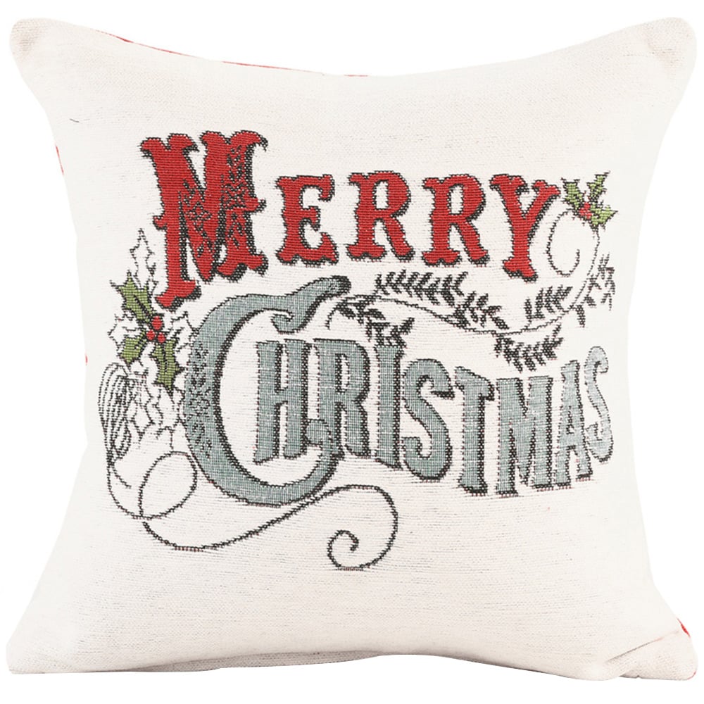 Noel Square Merry Xmas Holly Cotton Chenille Cushion Image 1