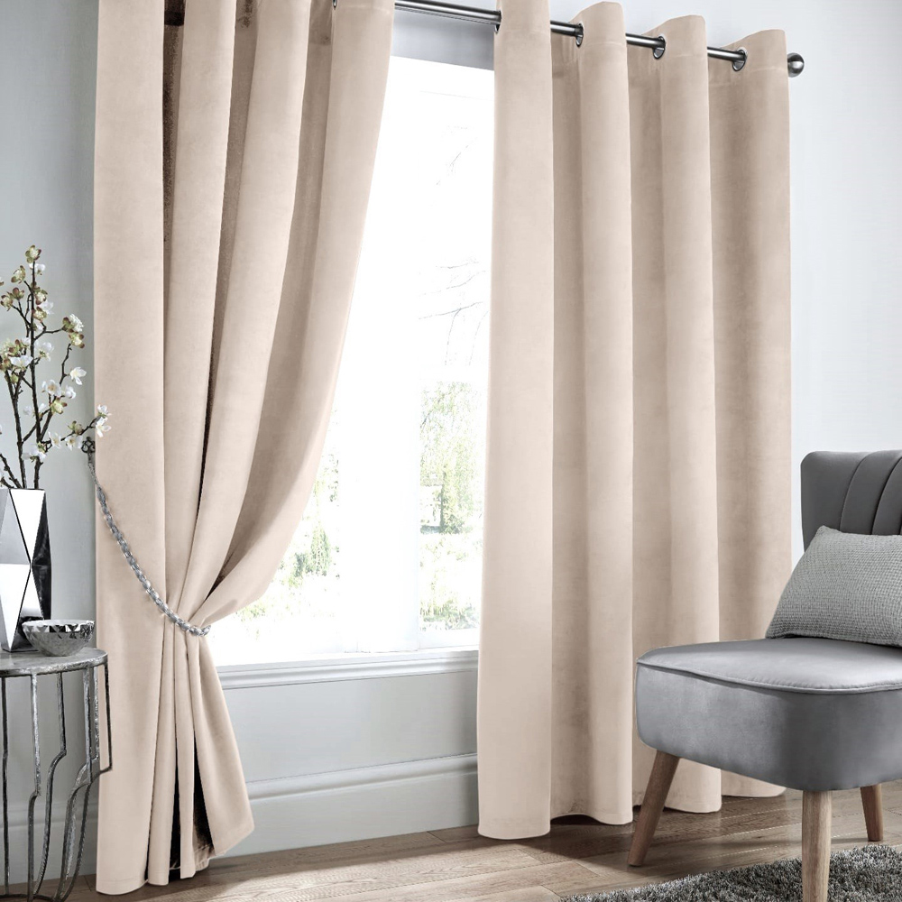 Alan Symonds Cream Velvet Blackout Ring Top Eyelet Curtains 229 x 183cm Image 1