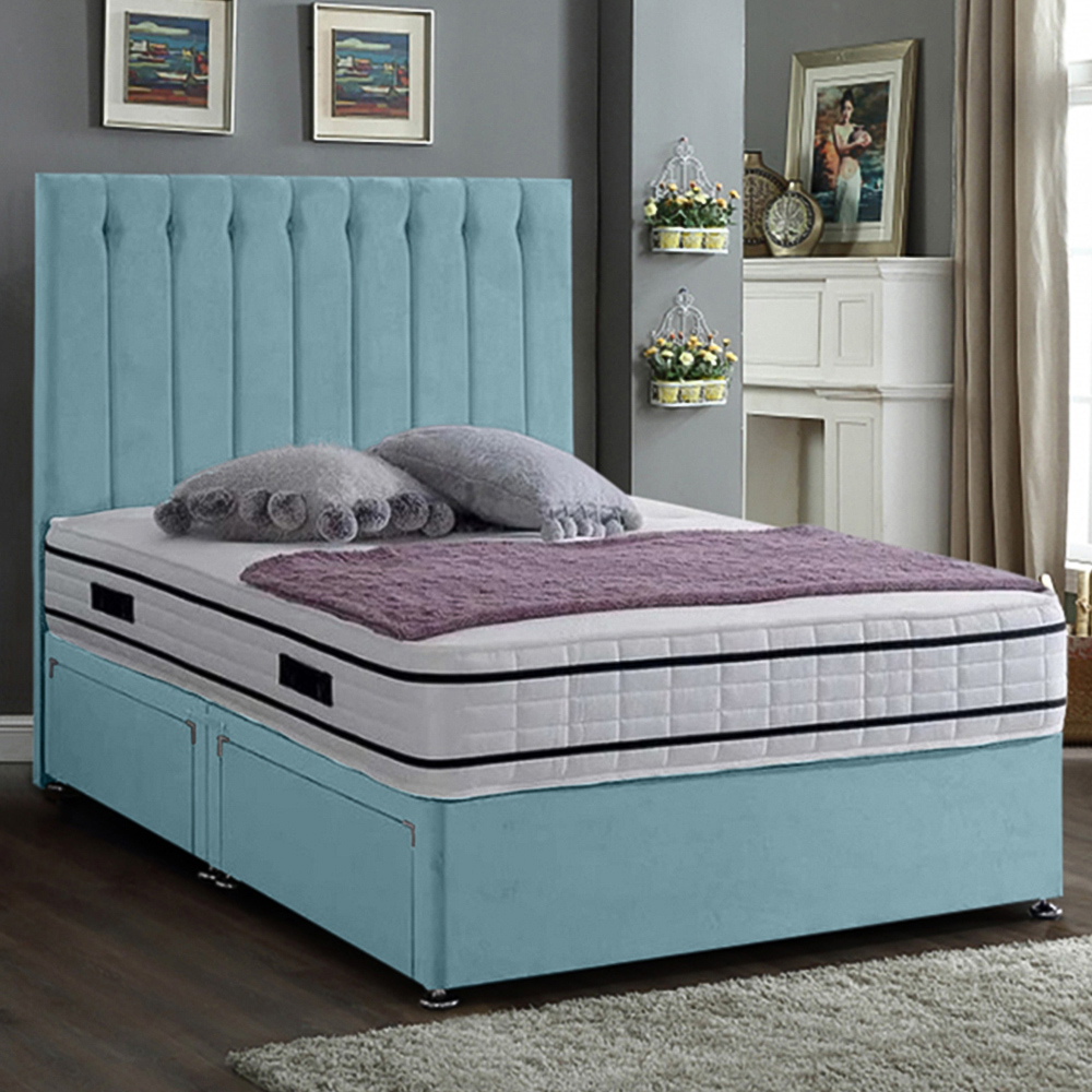 Eleganza Home Snuggler Single Duck Egg Plush Velvet 2 Drawer Divan Bed with Lined Headboard Image 1