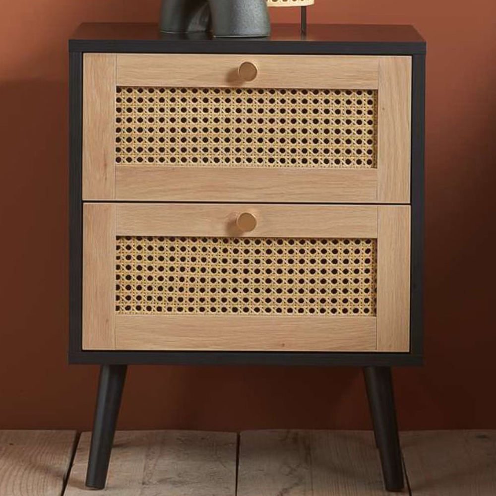 Croxley 2 Drawer Black and Oak Rattan Bedside Table Image 1