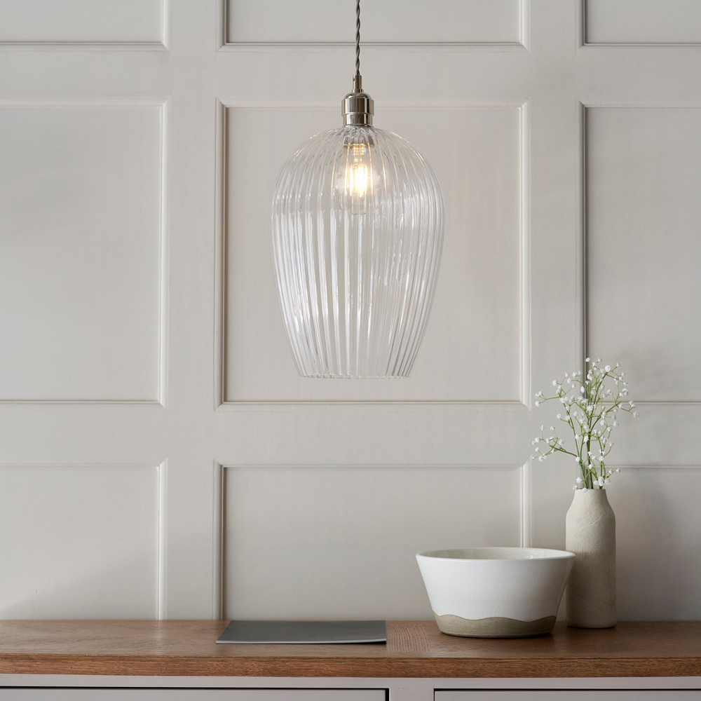 Merano Livorno Ribbed Glass Bright Nickel Plate Dome Pendant Ceiling Light Image 8