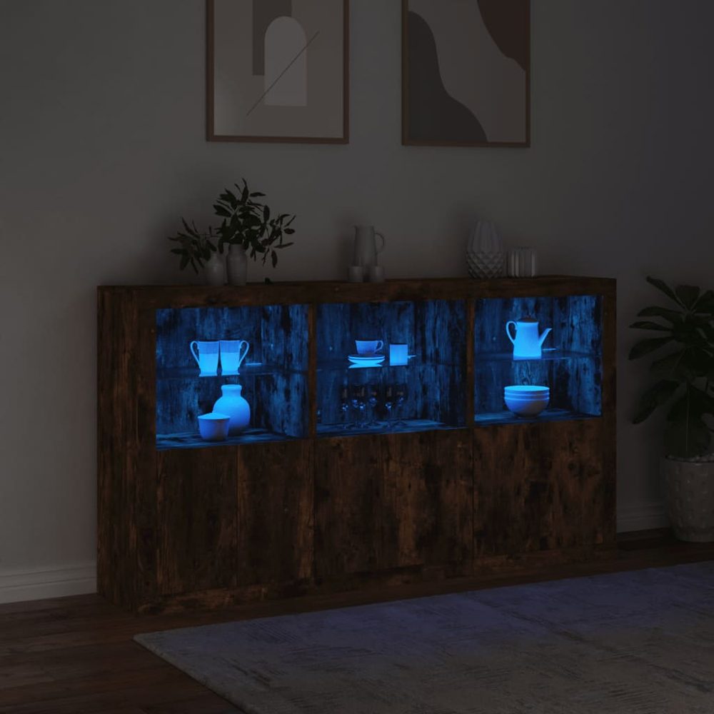 vidaXL 6 Door 6 Shelf Smoked Oak Large Sideboard with LED Lights Image 9