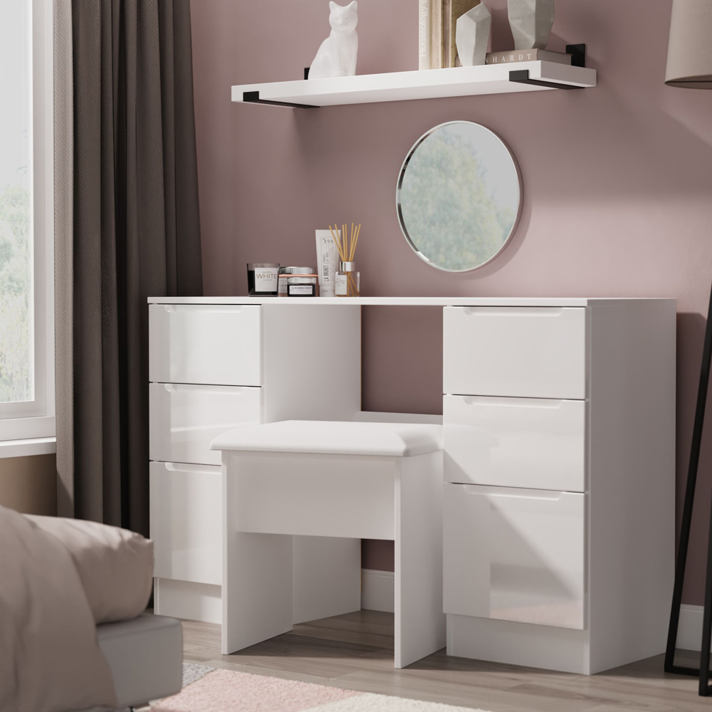 Crowndale Milan 6 Drawer White Gloss and White Kneehole Desk Ready Assembled Image 7