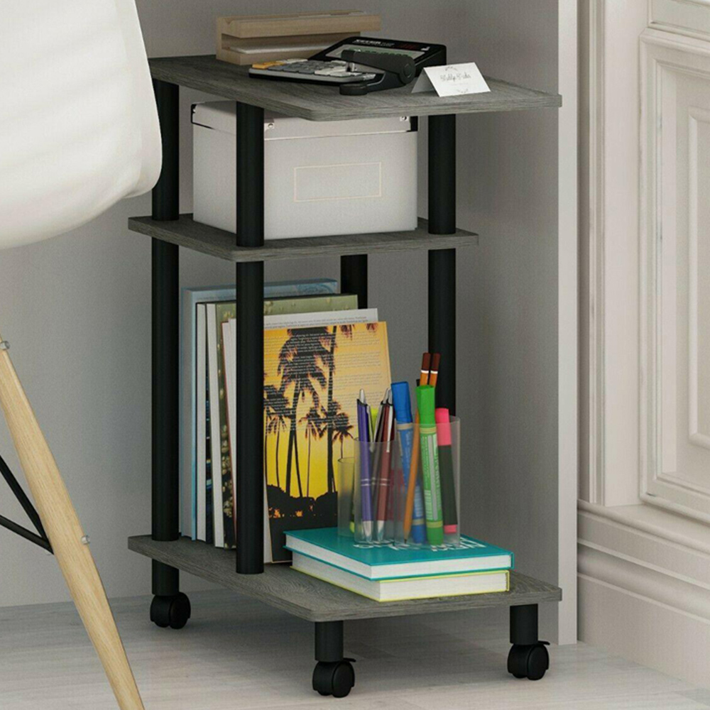 Walplus 2 Shelf French Oak Grey and Black U Shape Turn-N-Tube Side Table with Casters Image 1