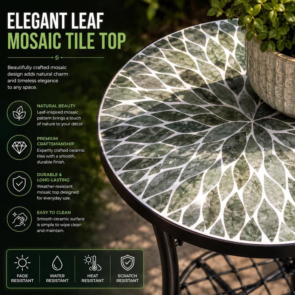 Shatchi Leaf 2-in-1 Single Shelf Mosaic Ceramic Tile Top Plant Stand Side Table Image 3