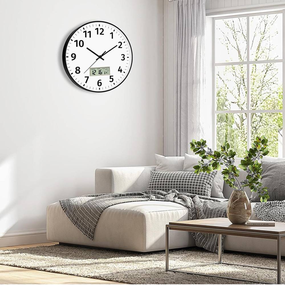 ATEK Black Silent Digital Wall Clock with Date Day and Temperature Display 30cm Image 2