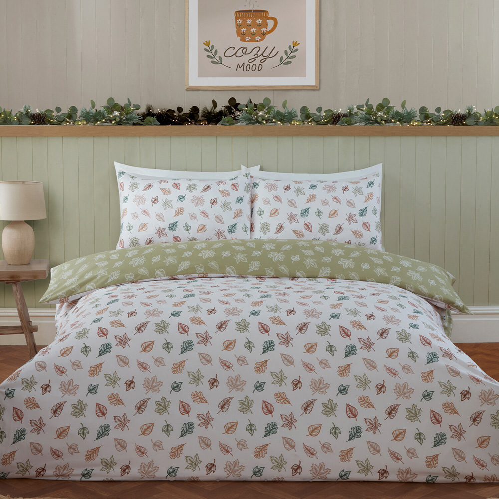 Falling Leaves Duvet Set Green Superking Image 1