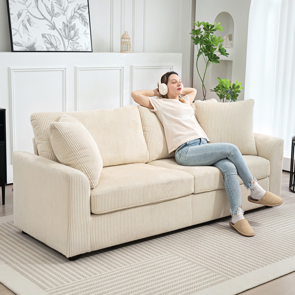 HOMCOM 3 Seater Cream Upholstered Jumbo Cord Sofa Image 4