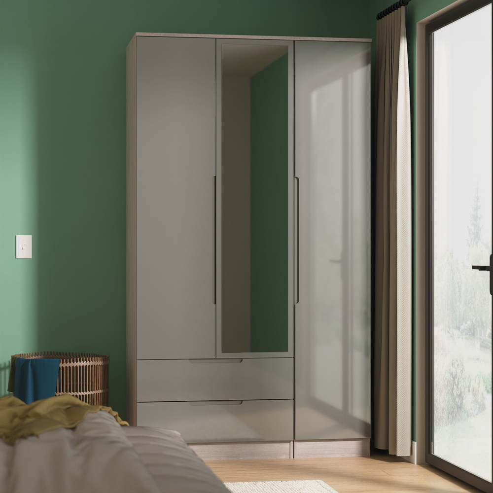 Crowndale Milan 3 Door 2 Drawer Grey Gloss and Grey Oak Tall Mirrored Wardrobe Ready Assembled Image 9