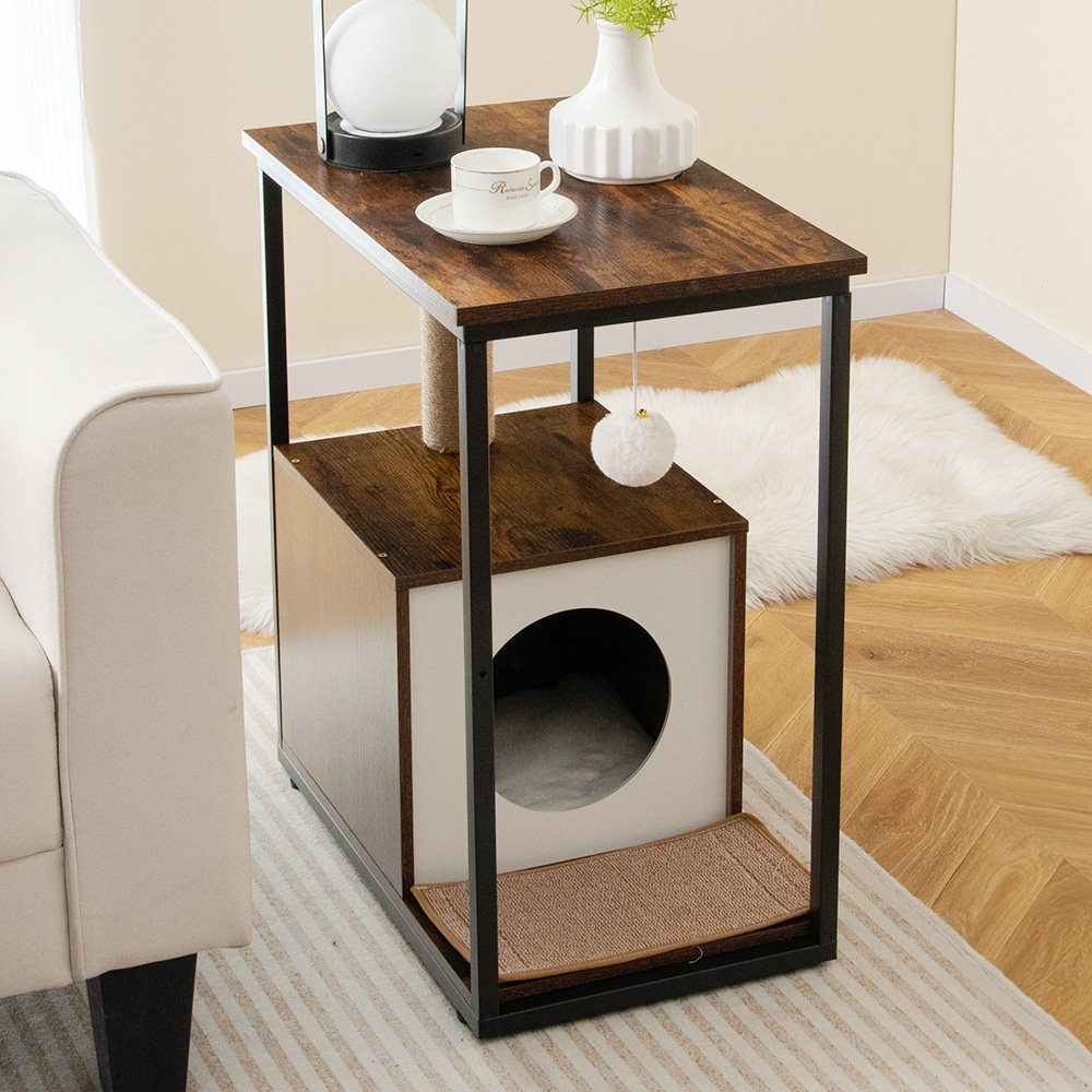 Costway Rustic Brown Cat House with Scratching Post Image 2