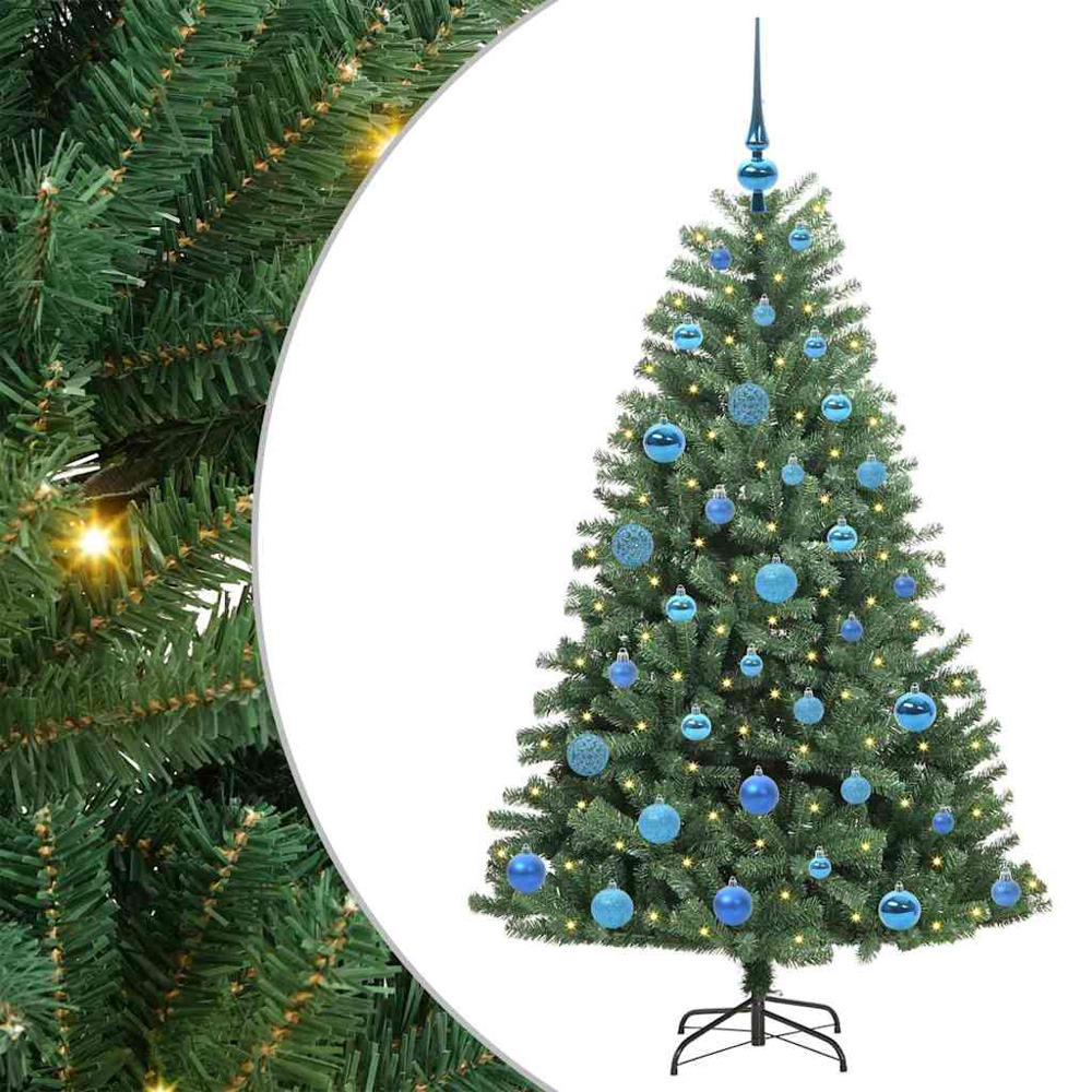 vidaXL Pre-Lit Blue Baubles Green Artificial Hinged Christmas Tree 5ft Image 2