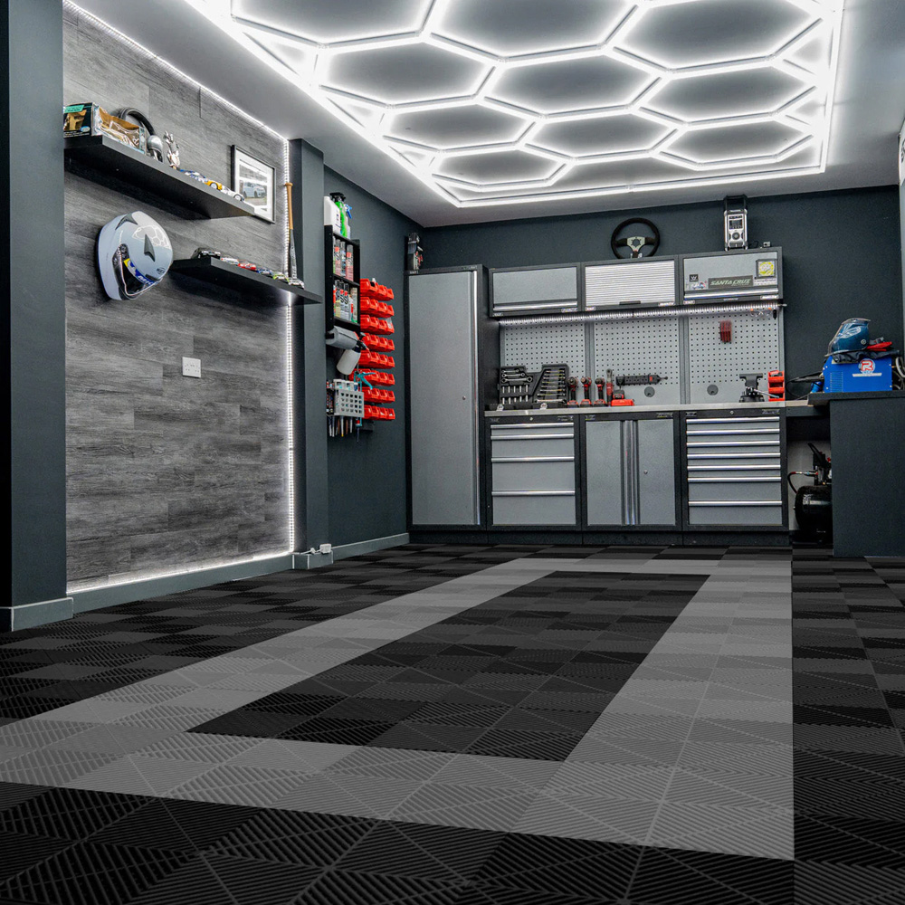 MonsterShop 165 Black and 60 Grey Vented Garage Floor Tiles with Edges and 2 x 14 Hexagon LED Light Image 2