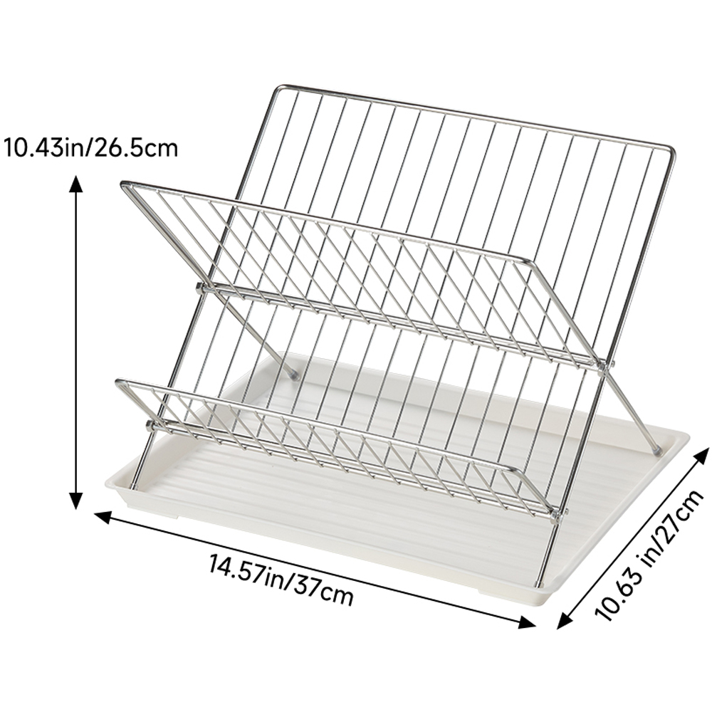 Living and Home 2 Tier Silver and White Foldable Dish Drying Rack with Drip Tray Image 8
