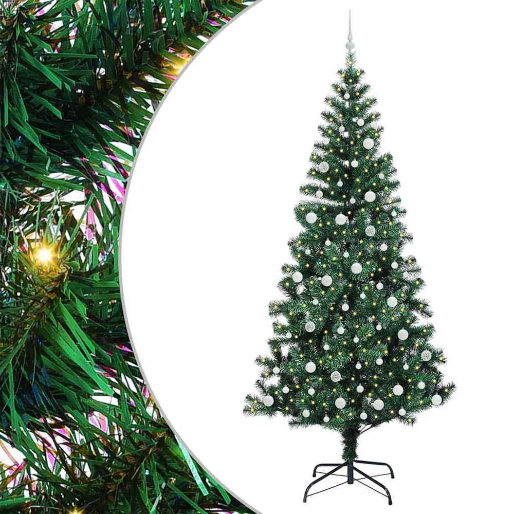 vidaXL Pre-Lit White Baubles Green Artificial Christmas Tree 8ft Image 2