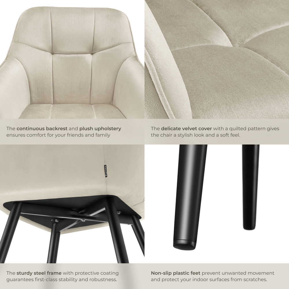 tectake Marilyn Set of 4 Cream and Black Quilted Velvet Dining Chair with Armrest Image 5