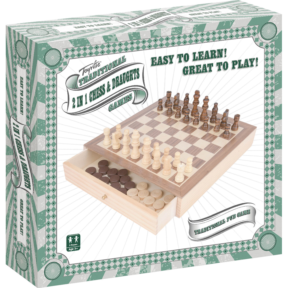 Toyrific 2-in-1 Varnished Finish Chess and Draughts Set Family Game Image 5