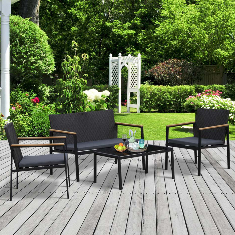 Outsunny 4 Seater Black Rattan Wicker Lounge Set Image 1