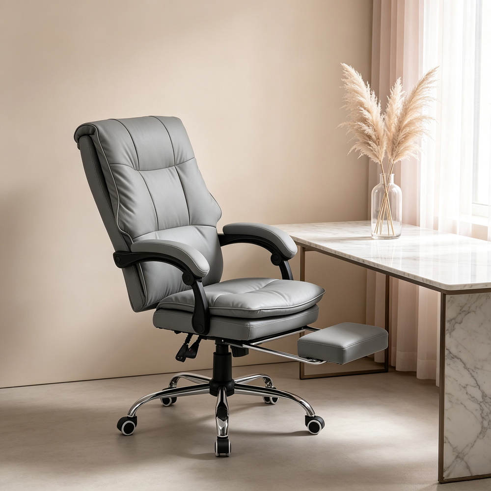 Living and Home Grey PVC Leather Reclining Backrest Office Chair with Footrest Image 7