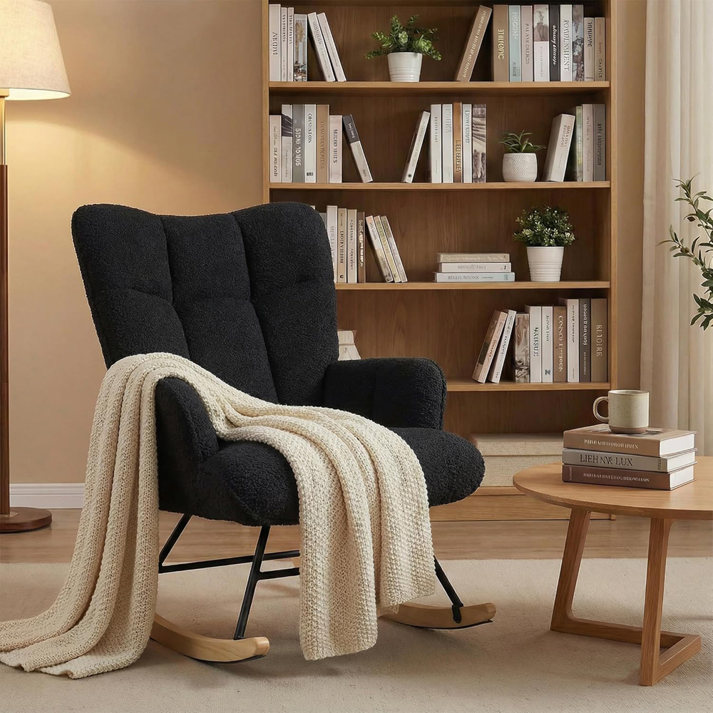 Alivio Black Teddy Plush High Backrest Rocking Chair Image 3