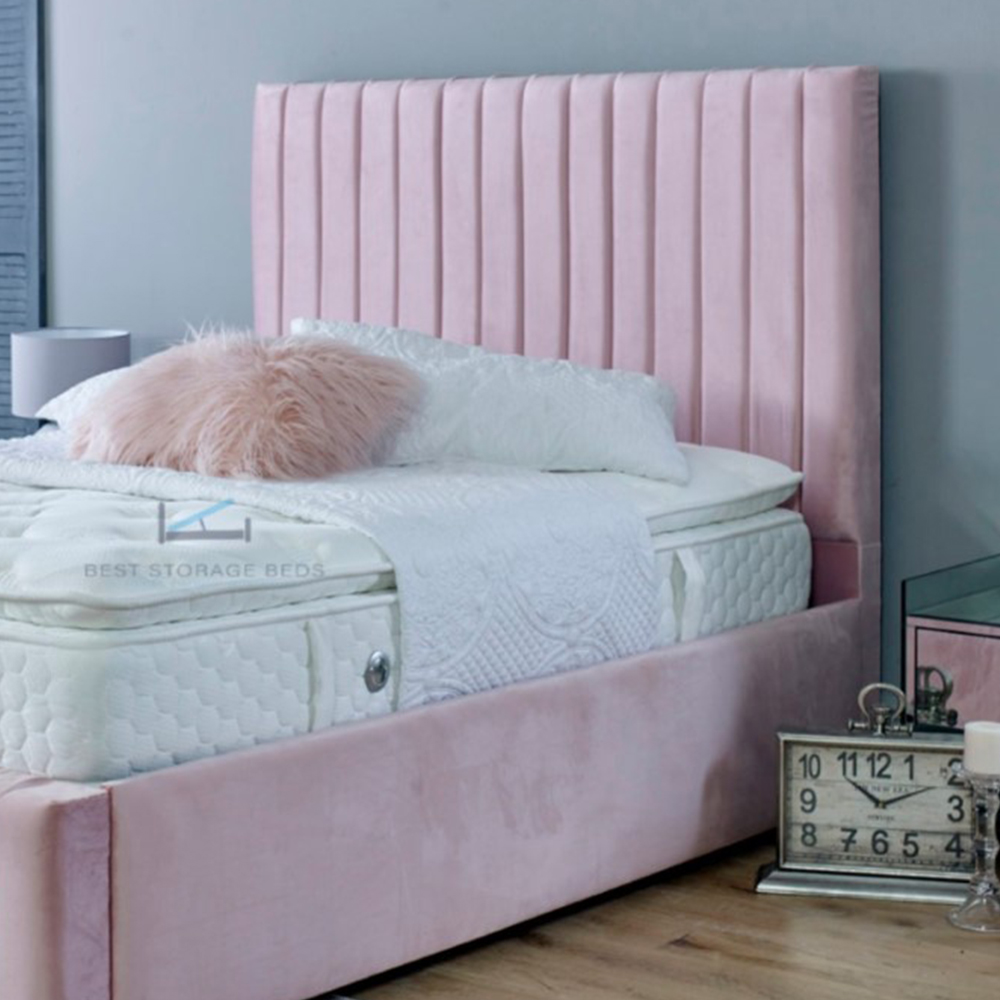DS Living Savoy King Size Pink Panel Line Soft Velvet Bed Frame Image 2