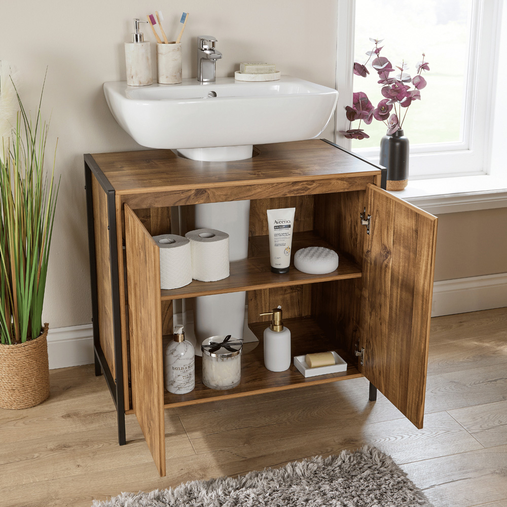 Home Source Locastra 2 Door Oak and Black Under Basin Bathroom Storage Cabinet Image 4