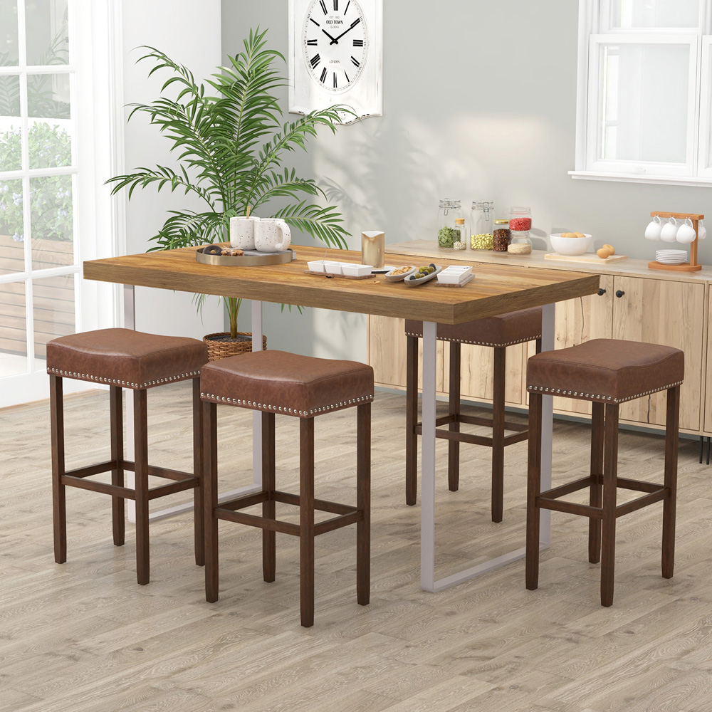 Costway Brown PU Leather Upholstered Bar Stool Set of 2 Image 4