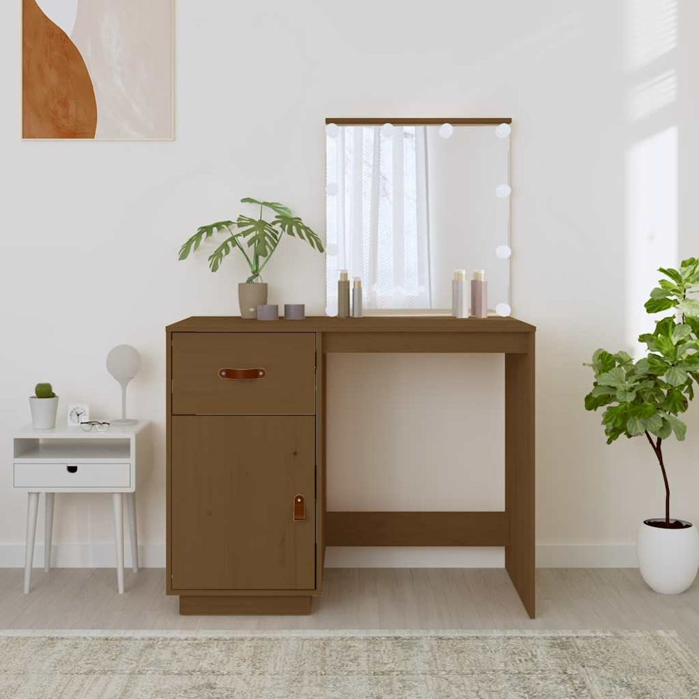 vidaXL Single Door Single Drawer Honey Brown Solid Wood Pine Dressing Table with LED Mirror Image 8