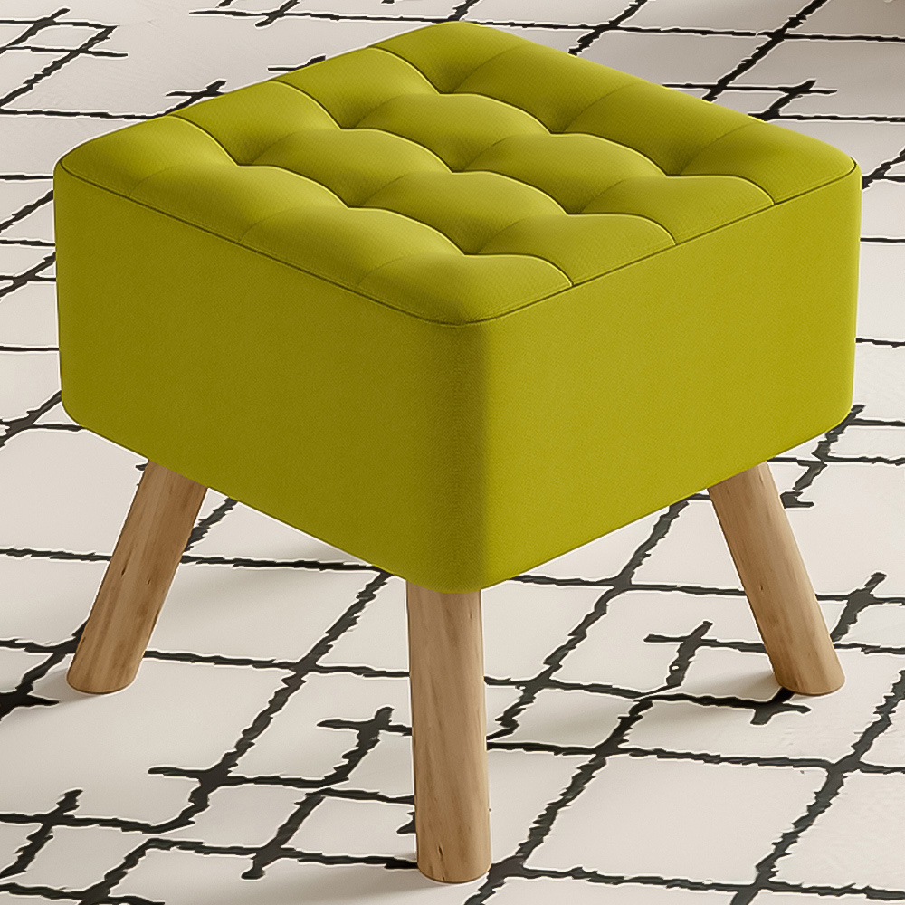 Living and Home Green Linen Buttoned Footstool with Wooden Legs Image 1