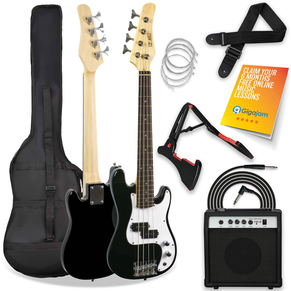 3rd Avenue Black Three Quarter Size Electric Bass Guitar Set Image 1
