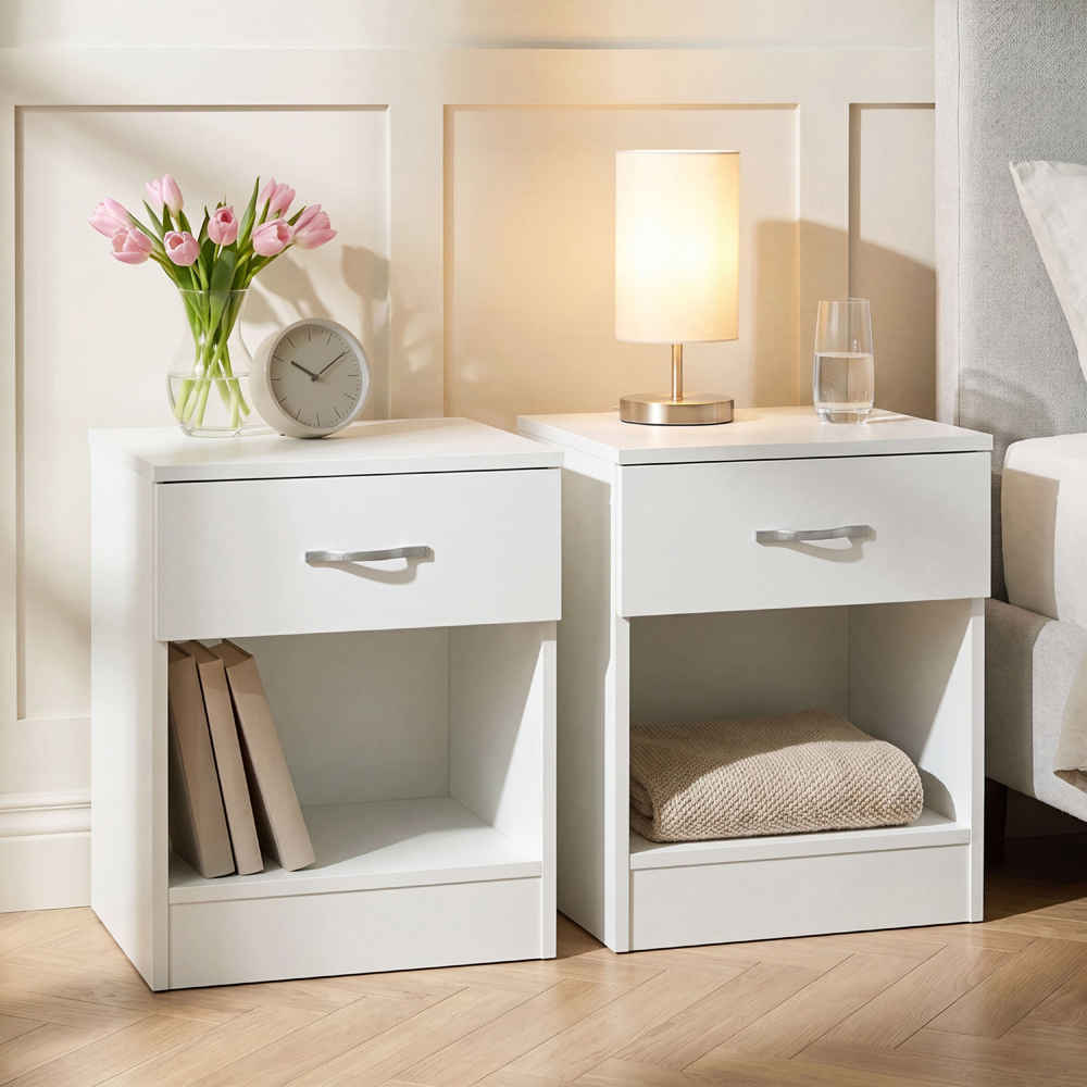 Vida Designs Riano Single Drawer Single Shelf White Melamine Finish Bedside Table Set of 2 Image 1