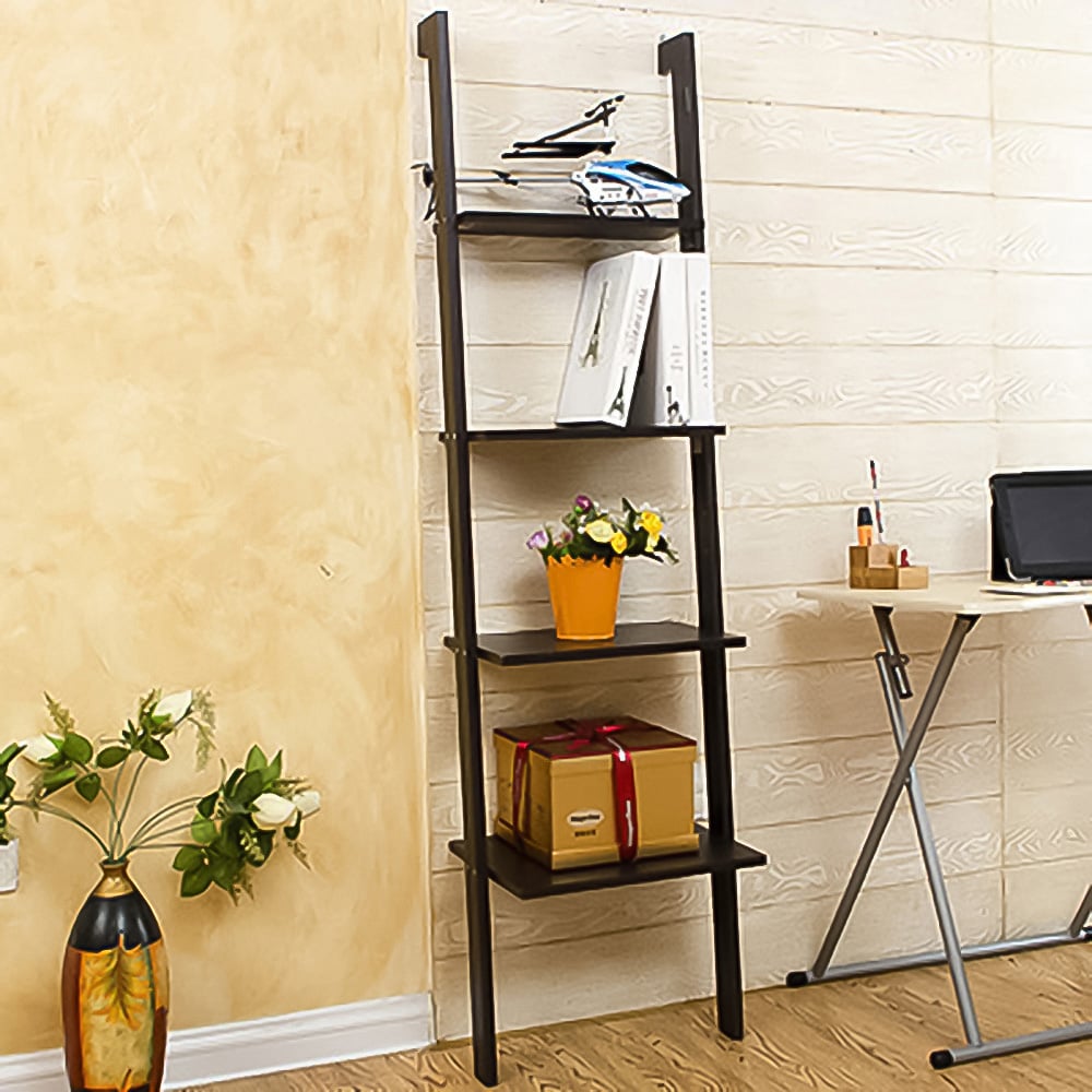 Living and Home 4 Tier Black Wooden Wall Ladder Shelf Image 1