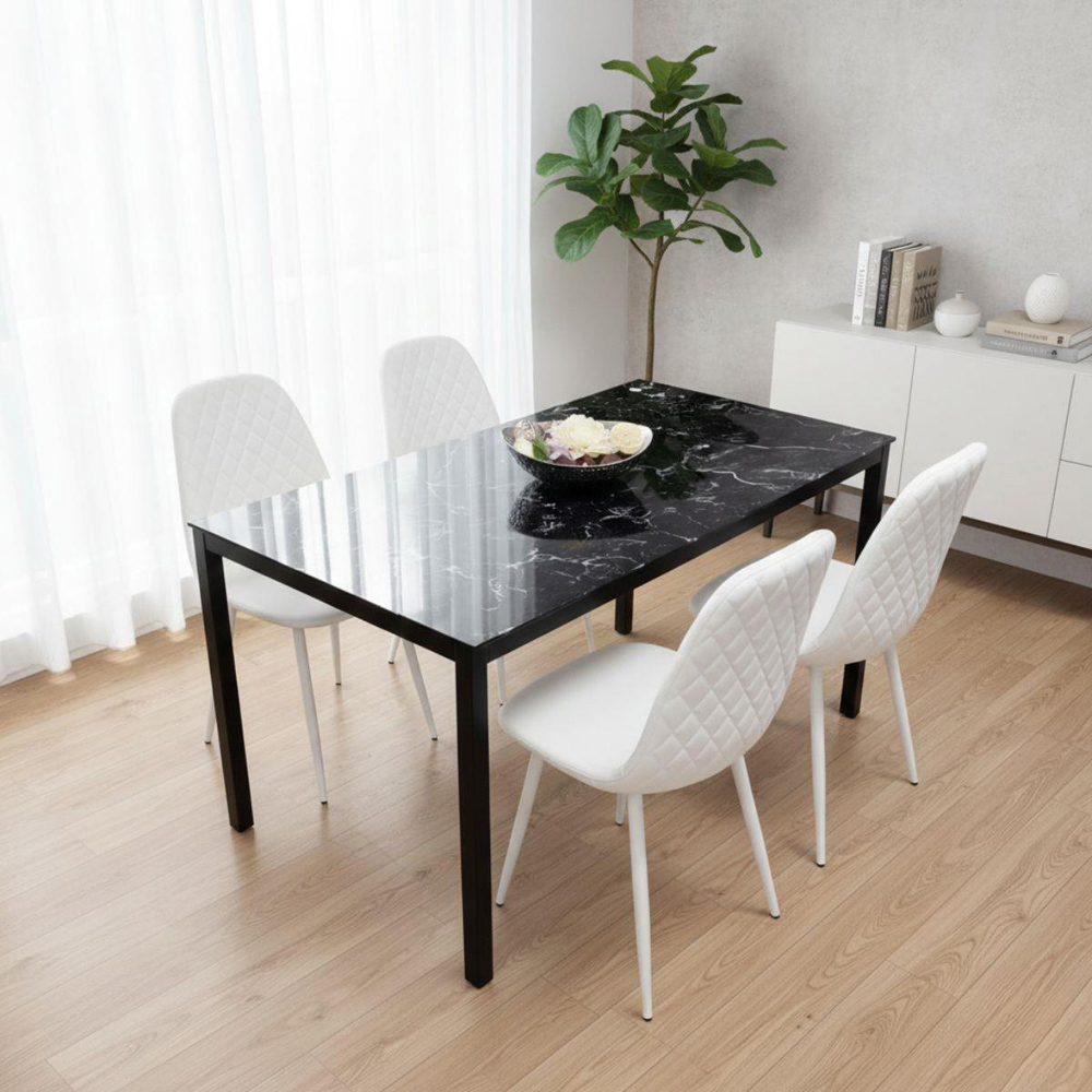Portland 4 Seater Gem Pattern Faux Leather Marble Effect Tabletop Dining Set Black and White Image 3