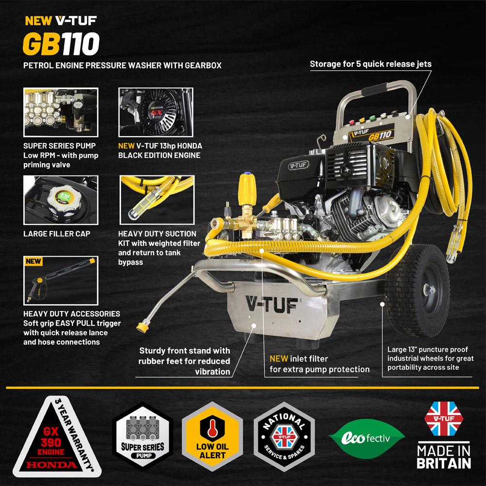 V-TUF GB110 13HP Industrial Gearbox Driven Honda Petrol Pressure Washer 200Bar Image 5