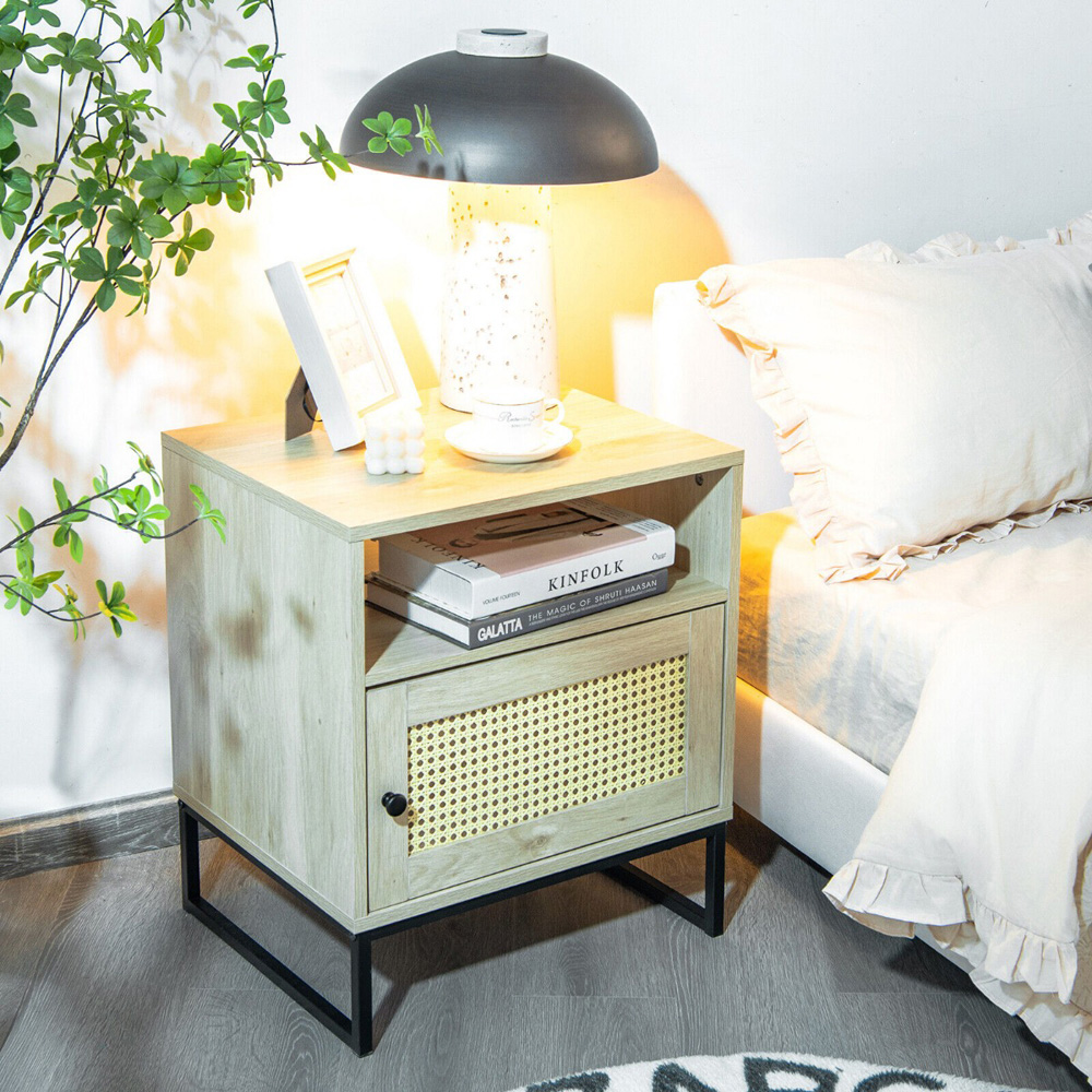 Costway Single Door Single Shelf Natural Rattan Modern Wooden Bedside Table Image 4