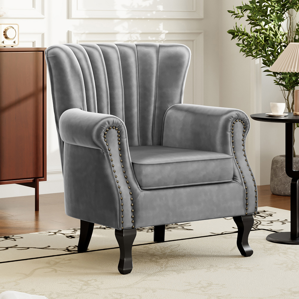 Living and Home Vintage Grey Velvet Wingback Armchair Image 3