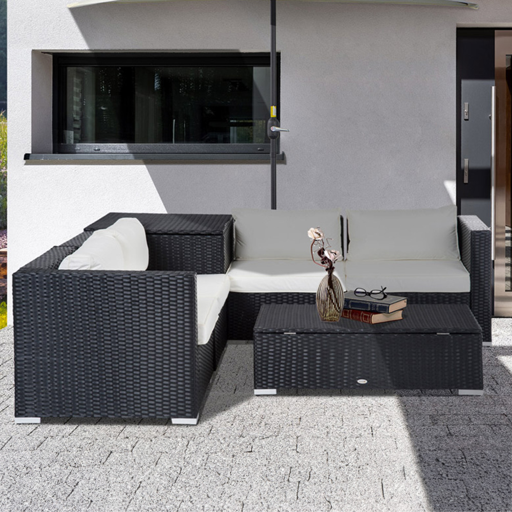 Outsunny 4 Seater Black Wicker Corner Sofa Set with Cushion Image 1