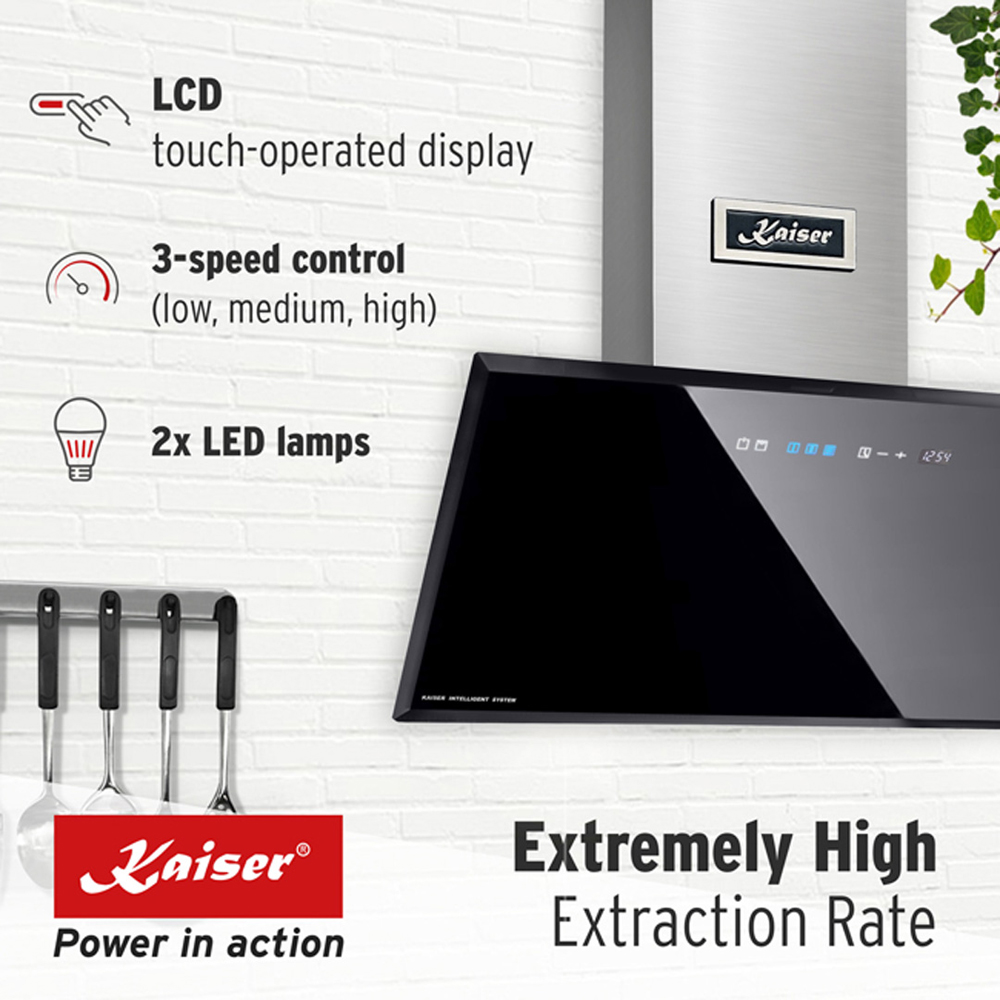 Kaiser Avantgarde Pro Black Glass 70cm Wall Mounted Cooker Hood Image 3