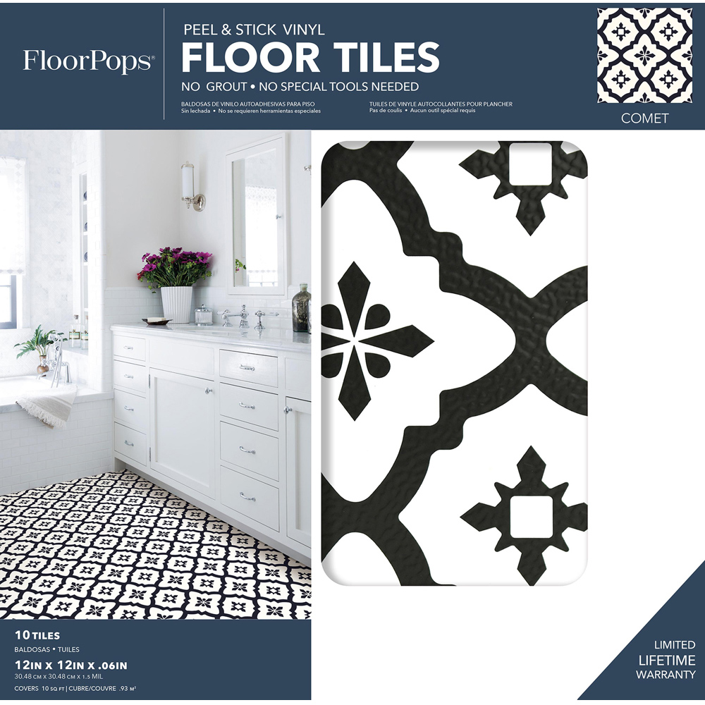 Floorpops Comet Black and White Peel and Stick Floor Tile 30.48 x 30.48cm 10 Pack Image 7