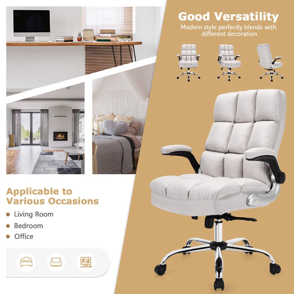 Costway Beige Linen Upholstered Adjustable Ergonomic Office Chair Image 4