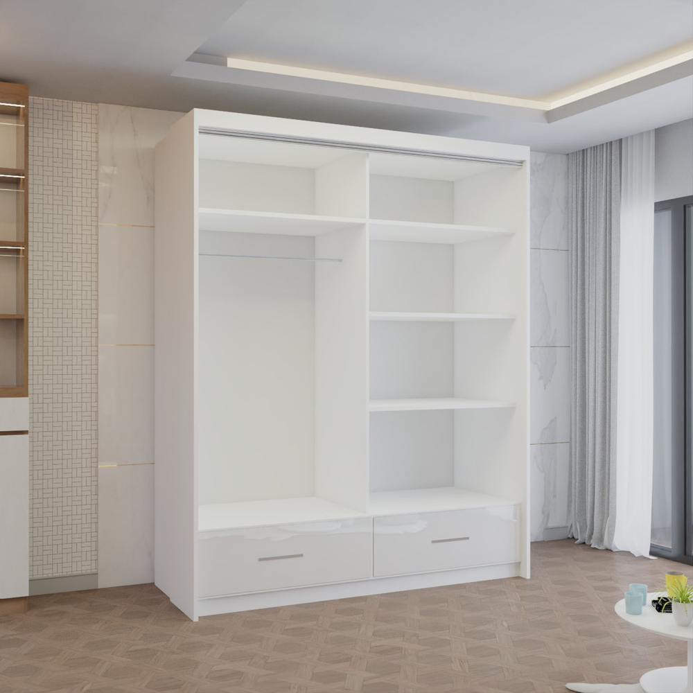 M N Furniture Seliyaa 2 Door 2 Drawer White High Gloss Sliding Door Wardrobe 150cm Image 3